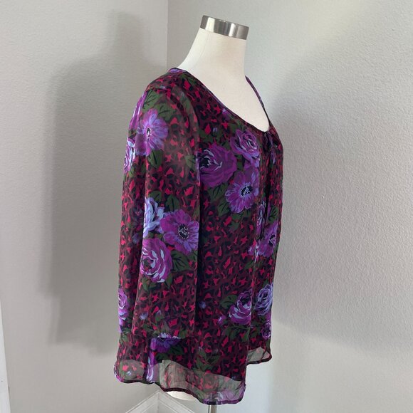Isaac Mizrahi Live! Womens Plus 1X Floral Blouse Purple Red 3/4 Sleeve Shirt Top - Picture 3 of 10